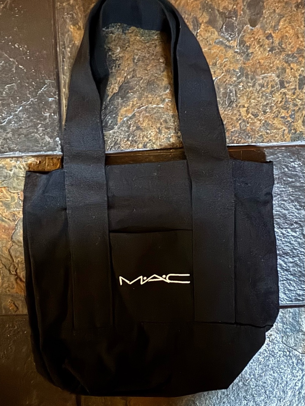 MAC Cosmetics Black Canvas Tote Bag Front Pocket Minimalist Logo